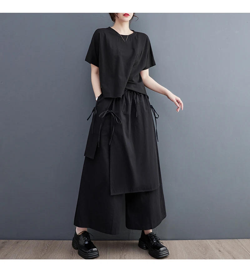 UMI MAO Women's Fashion Irregular Pants Elegant Apparel Below Ankle Smooth Black Bandage Style Summer Trousers Femme