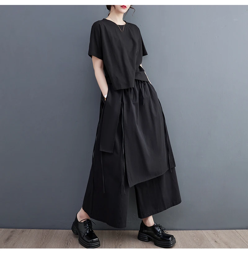 UMI MAO Women's Fashion Irregular Pants Elegant Apparel Below Ankle Smooth Black Bandage Style Summer Trousers Femme