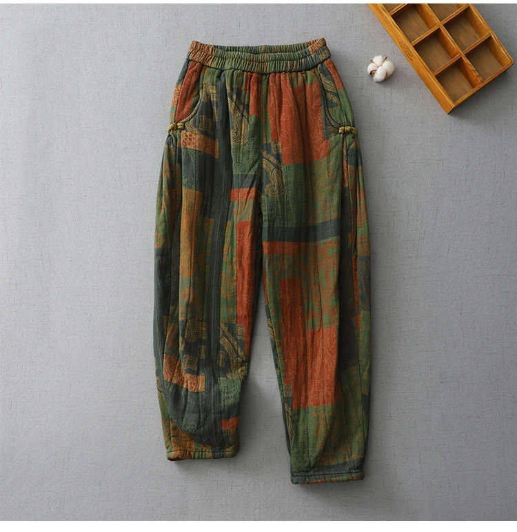 Vintage Print Cotton Linen Harem Pants Women's Winter Fashion Thicken Warm Loose Casual Trouser Chinese Style Home Cozy Clothing