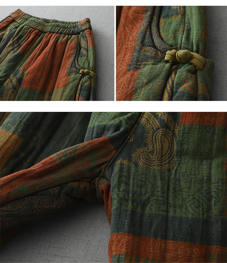 Vintage Print Cotton Linen Harem Pants Women's Winter Fashion Thicken Warm Loose Casual Trouser Chinese Style Home Cozy Clothing