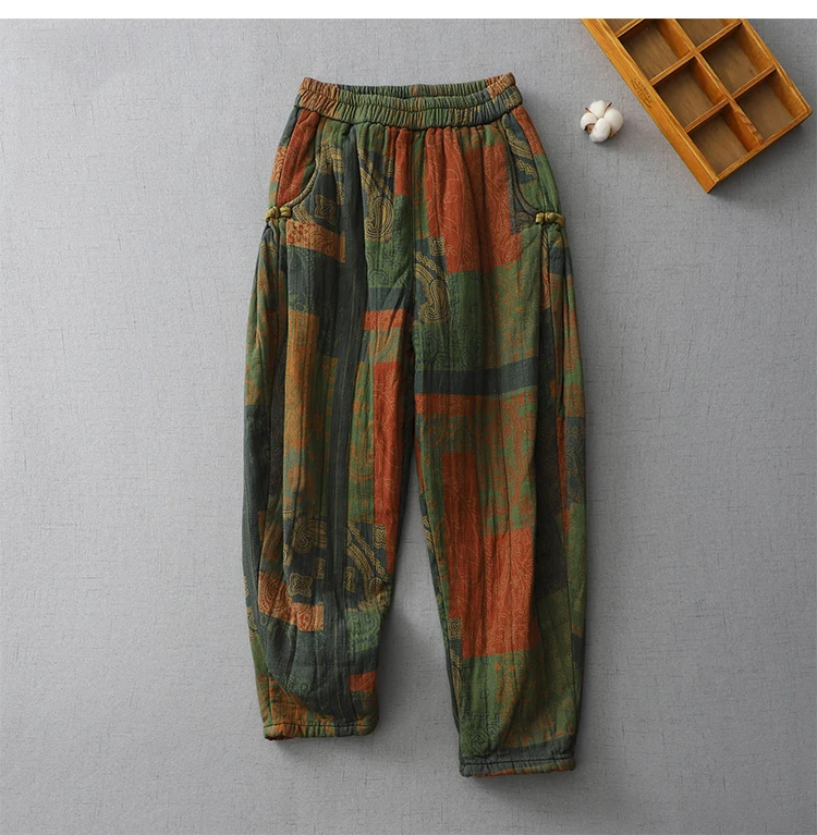 Vintage Print Cotton Linen Harem Pants Women's Winter Fashion Thicken Warm Loose Casual Trouser Chinese Style Home Cozy Clothing