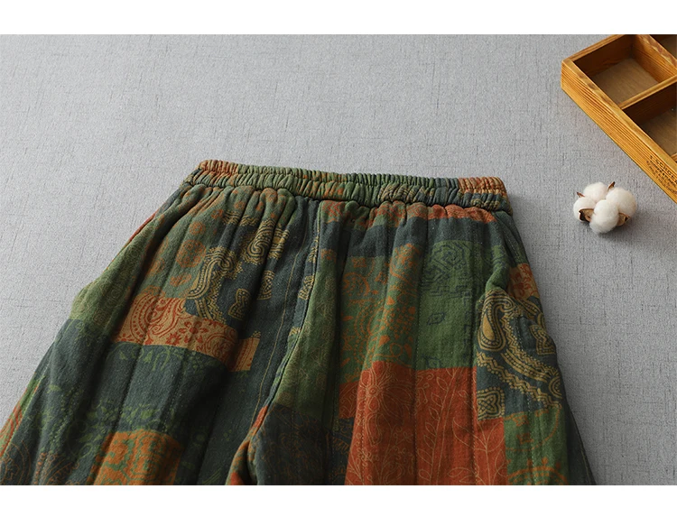 Vintage Print Cotton Linen Harem Pants Women's Winter Fashion Thicken Warm Loose Casual Trouser Chinese Style Home Cozy Clothing