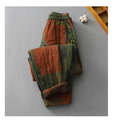 Vintage Print Cotton Linen Harem Pants Women's Winter Fashion Thicken Warm Loose Casual Trouser Chinese Style Home Cozy Clothing