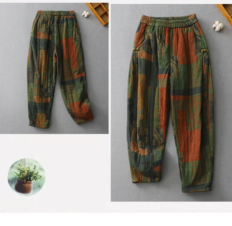 Vintage Print Cotton Linen Harem Pants Women's Winter Fashion Thicken Warm Loose Casual Trouser Chinese Style Home Cozy Clothing
