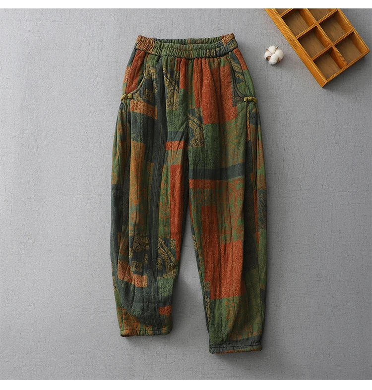 Vintage Print Cotton Linen Harem Pants Women's Winter Fashion Thicken Warm Loose Casual Trouser Chinese Style Home Cozy Clothing