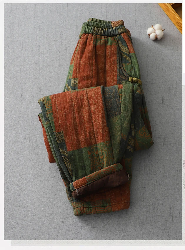 Vintage Print Cotton Linen Harem Pants Women's Winter Fashion Thicken Warm Loose Casual Trouser Chinese Style Home Cozy Clothing