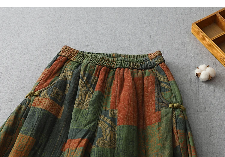 Vintage Print Cotton Linen Harem Pants Women's Winter Fashion Thicken Warm Loose Casual Trouser Chinese Style Home Cozy Clothing