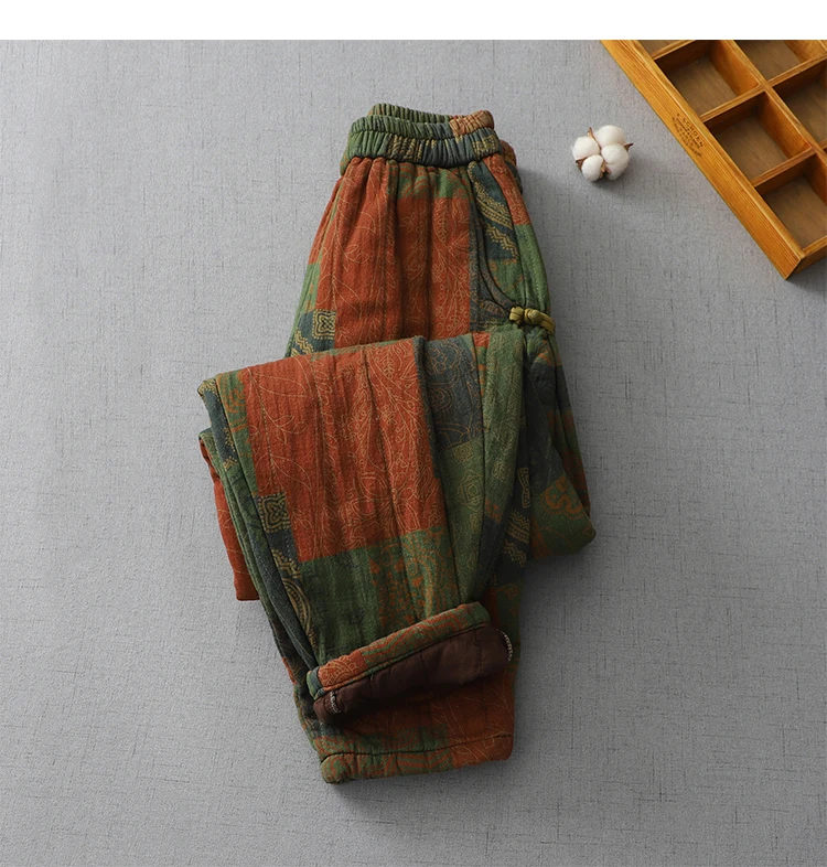 Vintage Print Cotton Linen Harem Pants Women's Winter Fashion Thicken Warm Loose Casual Trouser Chinese Style Home Cozy Clothing