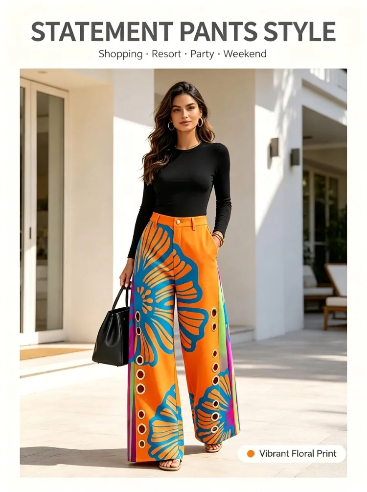 UOOZEE Woemn's Elegant Floral Printed High Waist Wide Leg Pants Fashion Metal Eyelet Hollow Out Pocket Casual Party Trousers