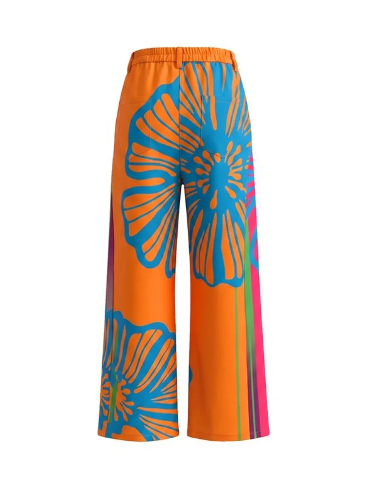 UOOZEE Woemn's Elegant Floral Printed High Waist Wide Leg Pants Fashion Metal Eyelet Hollow Out Pocket Casual Party Trousers
