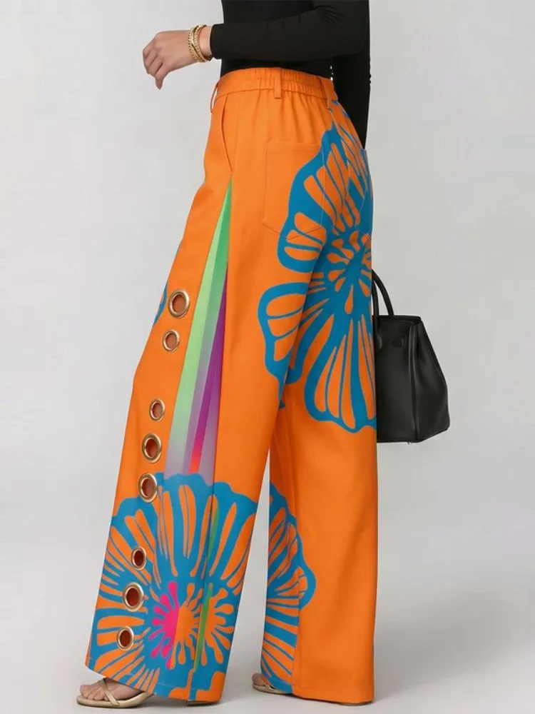 UOOZEE Woemn's Elegant Floral Printed High Waist Wide Leg Pants Fashion Metal Eyelet Hollow Out Pocket Casual Party Trousers