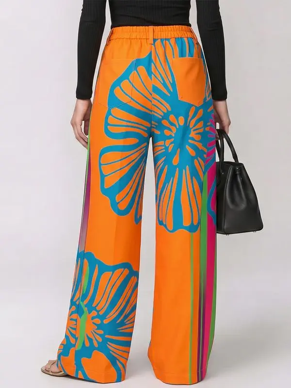 UOOZEE Woemn's Elegant Floral Printed High Waist Wide Leg Pants Fashion Metal Eyelet Hollow Out Pocket Casual Party Trousers