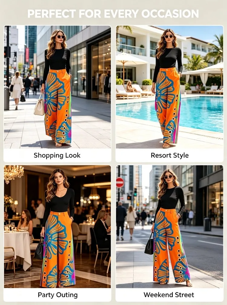 UOOZEE Woemn's Elegant Floral Printed High Waist Wide Leg Pants Fashion Metal Eyelet Hollow Out Pocket Casual Party Trousers