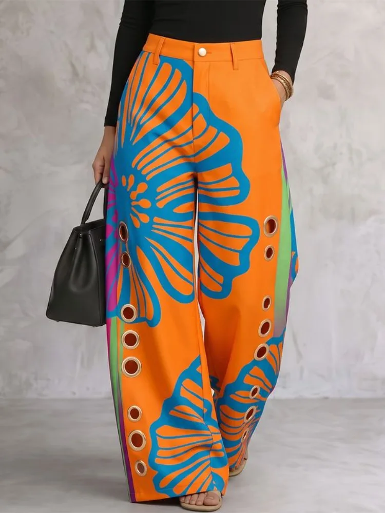 UOOZEE Woemn's Elegant Floral Printed High Waist Wide Leg Pants Fashion Metal Eyelet Hollow Out Pocket Casual Party Trousers