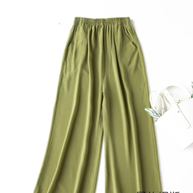 Birdtree, Summer 100% Silk Crepe Dechine Pants, Women Wide Leg Trousers, Solid Elastic Waist Cropped Pant, New 2023 B35852C