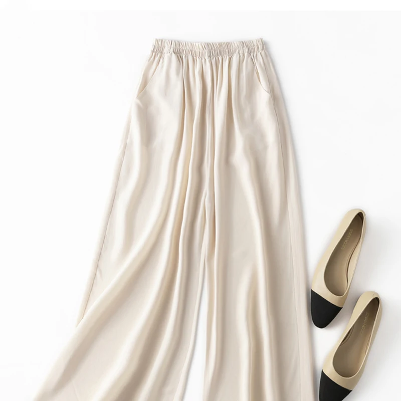 Birdtree, Summer 100% Silk Crepe Dechine Pants, Women Wide Leg Trousers, Solid Elastic Waist Cropped Pant, New 2023 B35852C