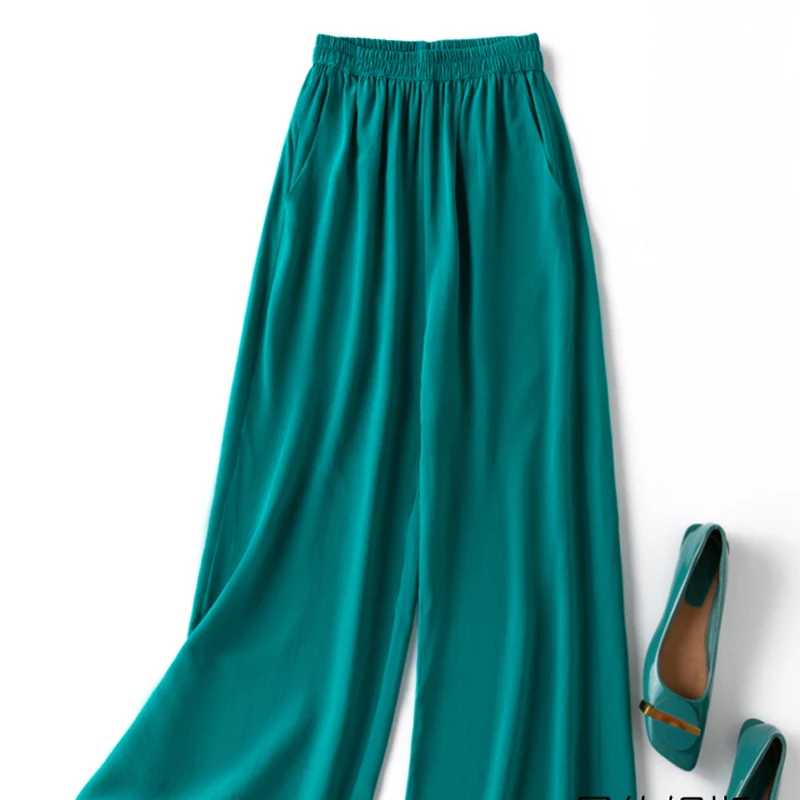 Birdtree, Summer 100% Silk Crepe Dechine Pants, Women Wide Leg Trousers, Solid Elastic Waist Cropped Pant, New 2023 B35852C