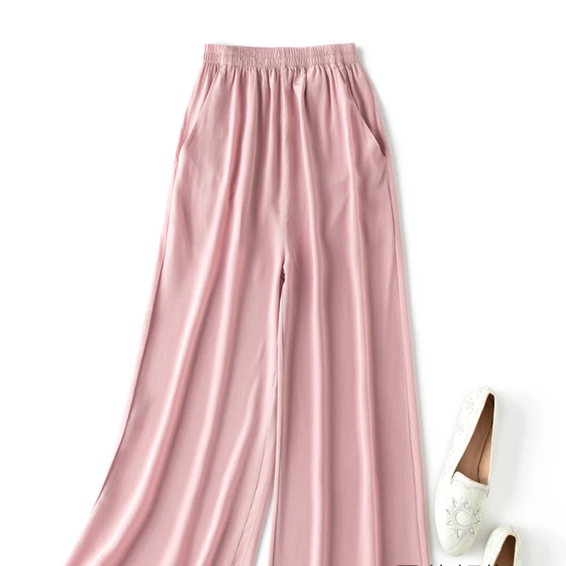 Birdtree, Summer 100% Silk Crepe Dechine Pants, Women Wide Leg Trousers, Solid Elastic Waist Cropped Pant, New 2023 B35852C