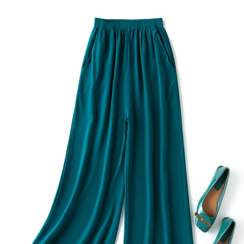Birdtree, Summer 100% Silk Crepe Dechine Pants, Women Wide Leg Trousers, Solid Elastic Waist Cropped Pant, New 2023 B35852C