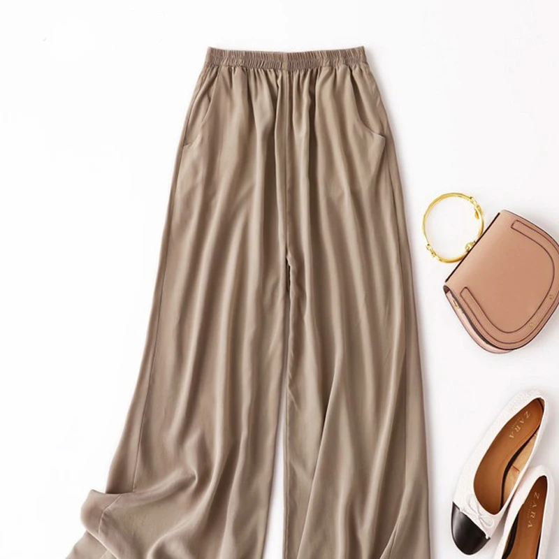 Birdtree, Summer 100% Silk Crepe Dechine Pants, Women Wide Leg Trousers, Solid Elastic Waist Cropped Pant, New 2023 B35852C