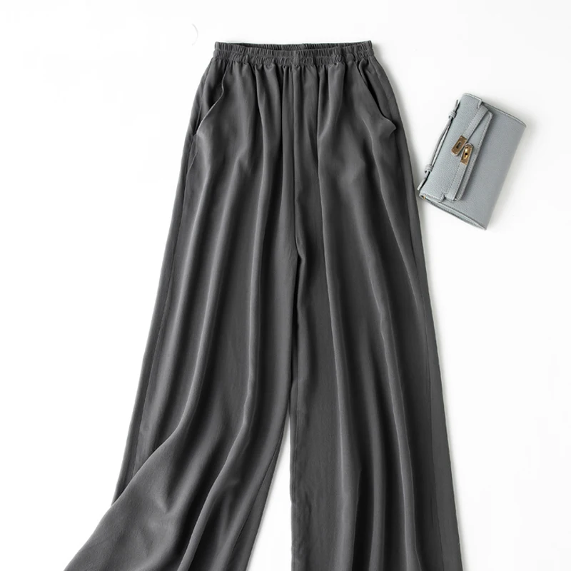 Birdtree, Summer 100% Silk Crepe Dechine Pants, Women Wide Leg Trousers, Solid Elastic Waist Cropped Pant, New 2023 B35852C