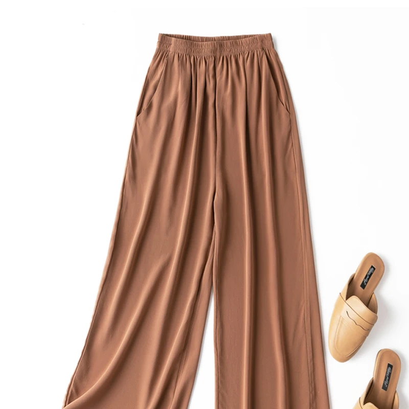 Birdtree, Summer 100% Silk Crepe Dechine Pants, Women Wide Leg Trousers, Solid Elastic Waist Cropped Pant, New 2023 B35852C