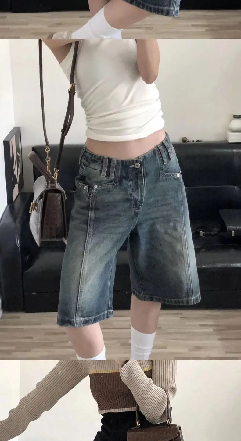 HOUZHOU Y2K Vintage Women Denim Shorts Baggy High Waist Korean Wide Leg Jorts Casual Oversize Washed Jeans Streetwear Summer