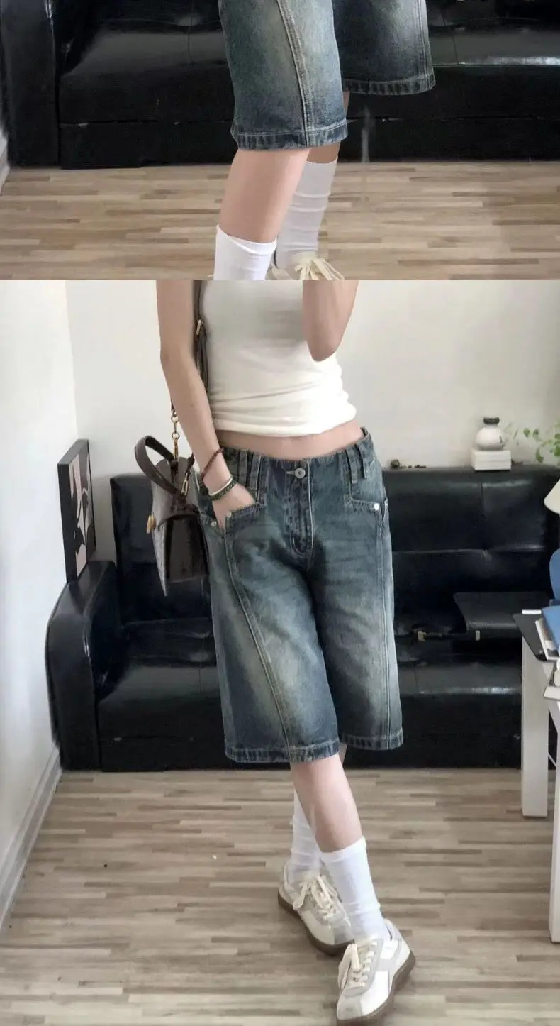 HOUZHOU Y2K Vintage Women Denim Shorts Baggy High Waist Korean Wide Leg Jorts Casual Oversize Washed Jeans Streetwear Summer