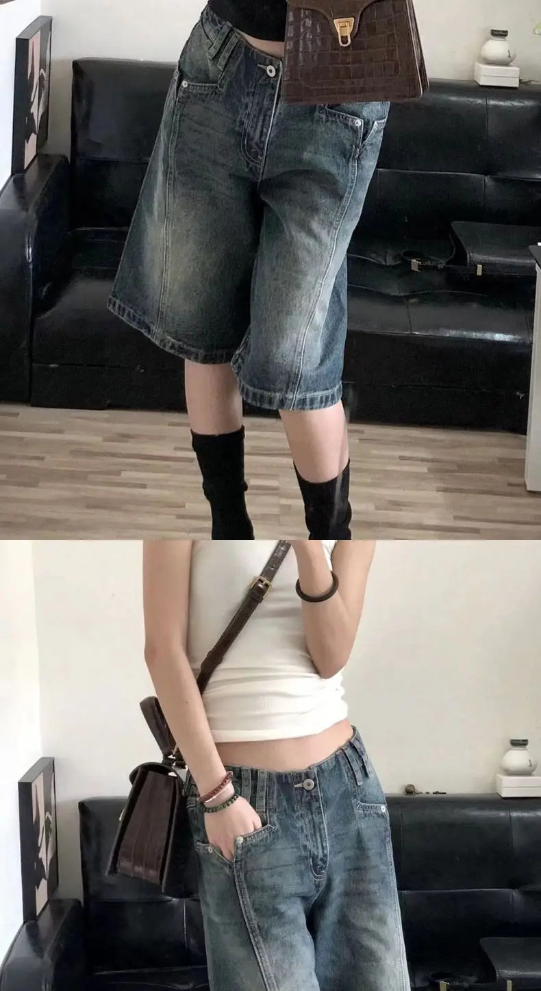 HOUZHOU Y2K Vintage Women Denim Shorts Baggy High Waist Korean Wide Leg Jorts Casual Oversize Washed Jeans Streetwear Summer