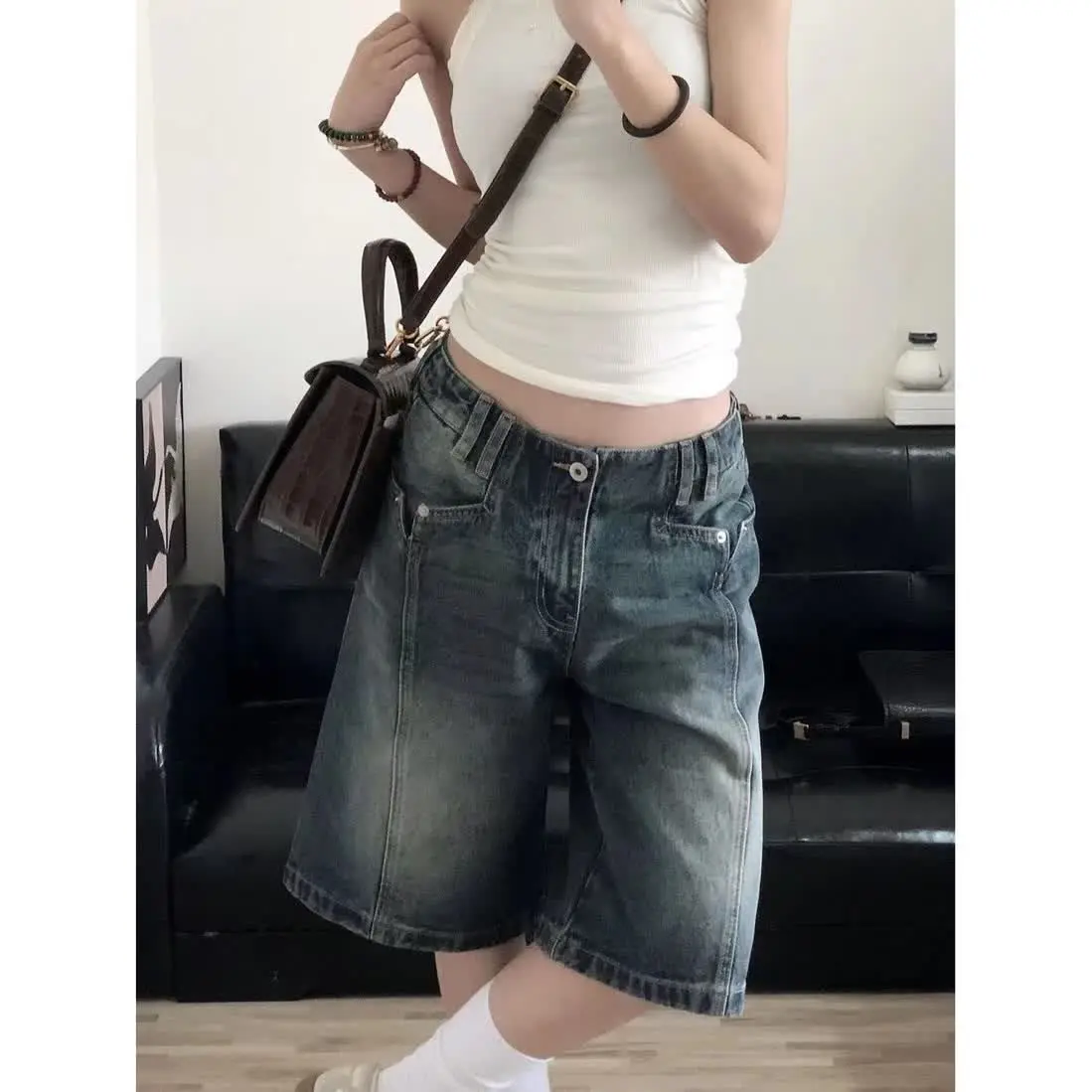 HOUZHOU Y2K Vintage Women Denim Shorts Baggy High Waist Korean Wide Leg Jorts Casual Oversize Washed Jeans Streetwear Summer