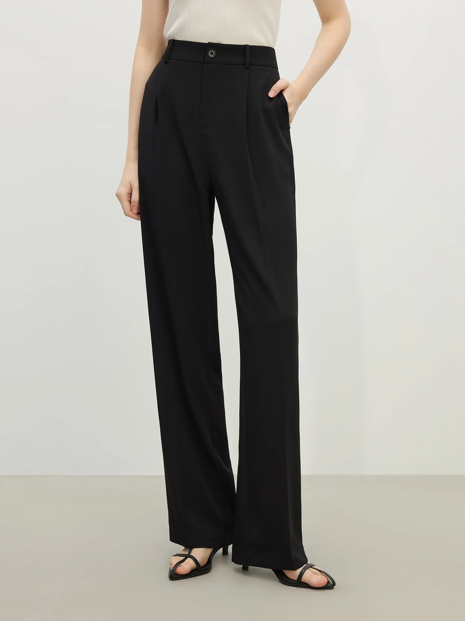 FSLE【2 Length】Women Black Commuter Long Trousers High Waist Grey Draped Straight Female Cropped Pants 25FS11163+25FS11248