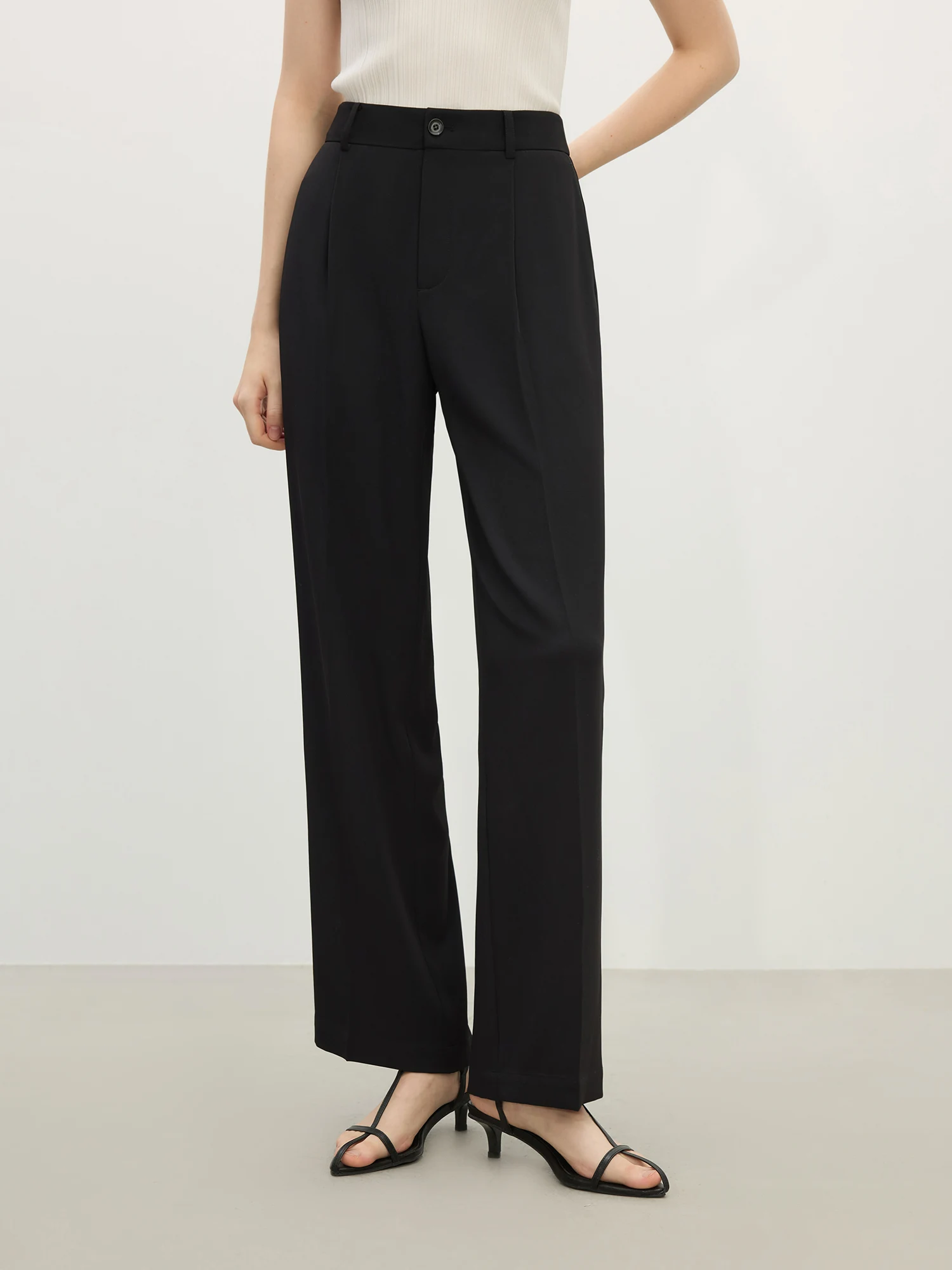 FSLE【2 Length】Women Black Commuter Long Trousers High Waist Grey Draped Straight Female Cropped Pants 25FS11163+25FS11248
