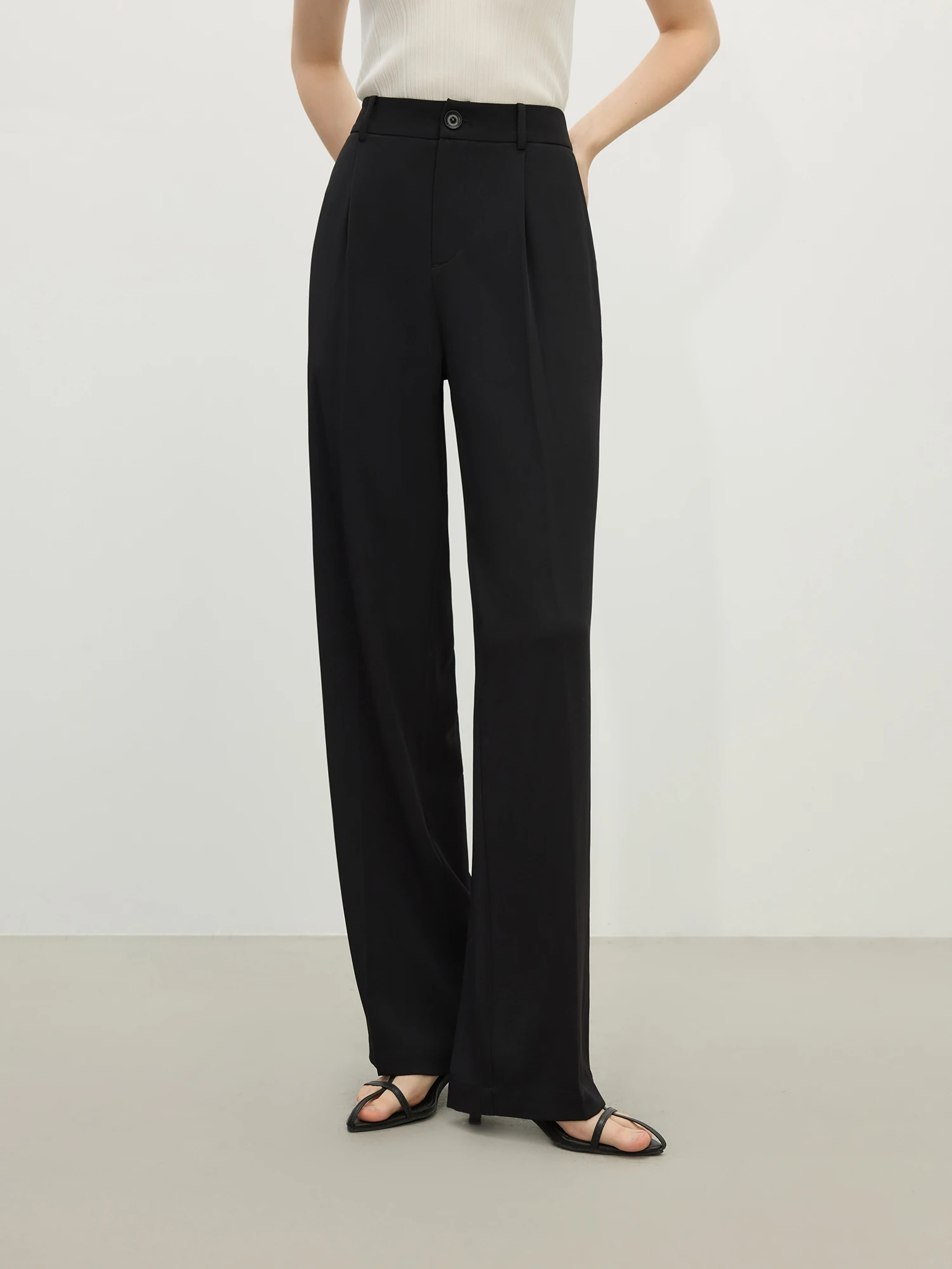 FSLE【2 Length】Women Black Commuter Long Trousers High Waist Grey Draped Straight Female Cropped Pants 25FS11163+25FS11248