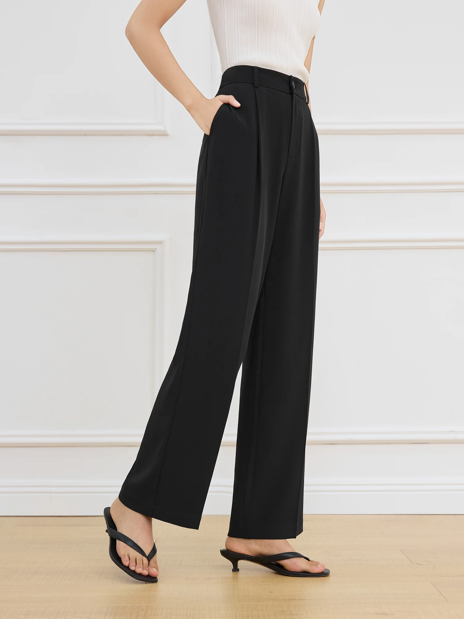 FSLE【2 Length】Women Black Commuter Long Trousers High Waist Grey Draped Straight Female Cropped Pants 25FS11163+25FS11248
