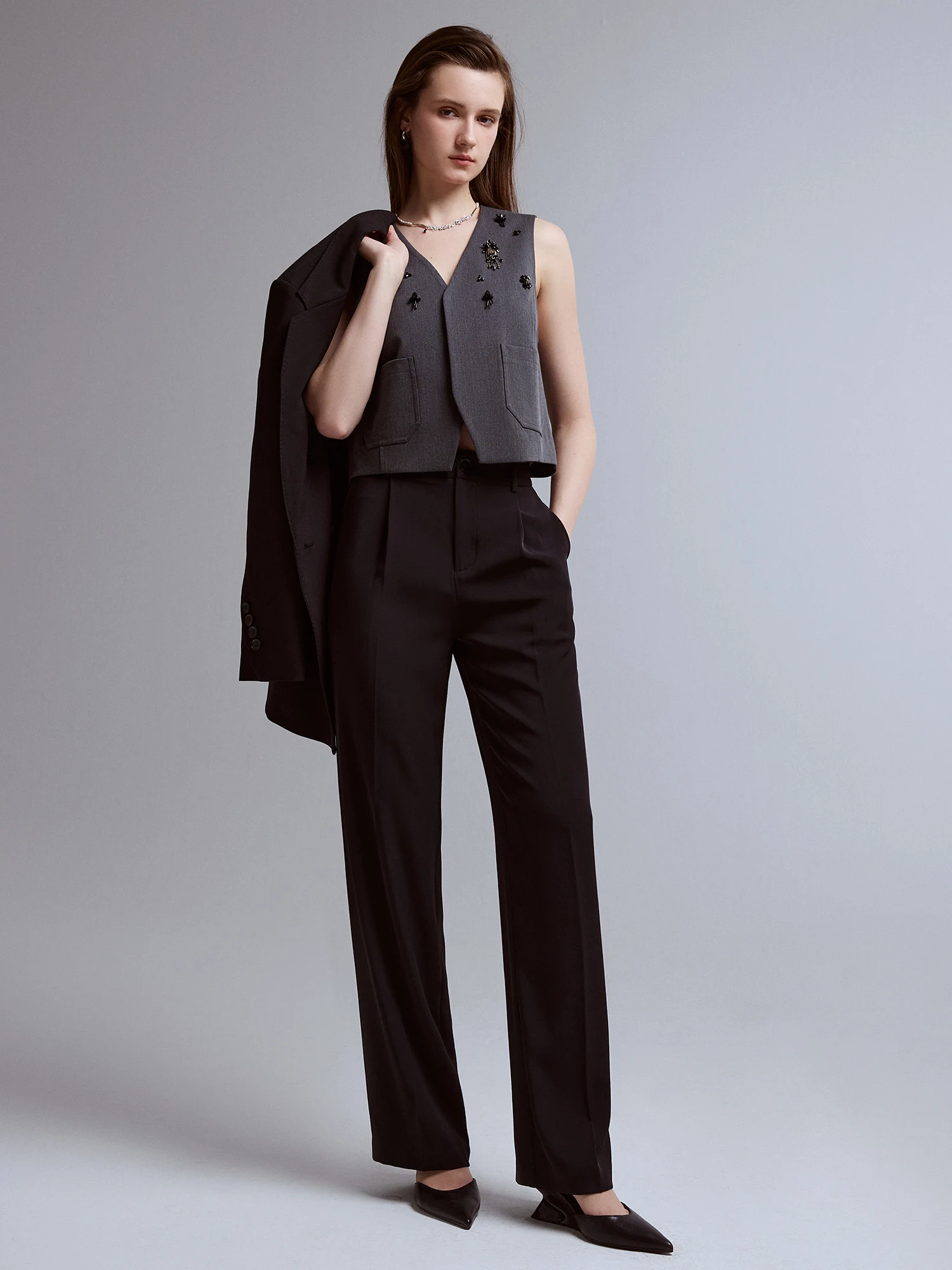 FSLE【2 Length】Women Black Commuter Long Trousers High Waist Grey Draped Straight Female Cropped Pants 25FS11163+25FS11248