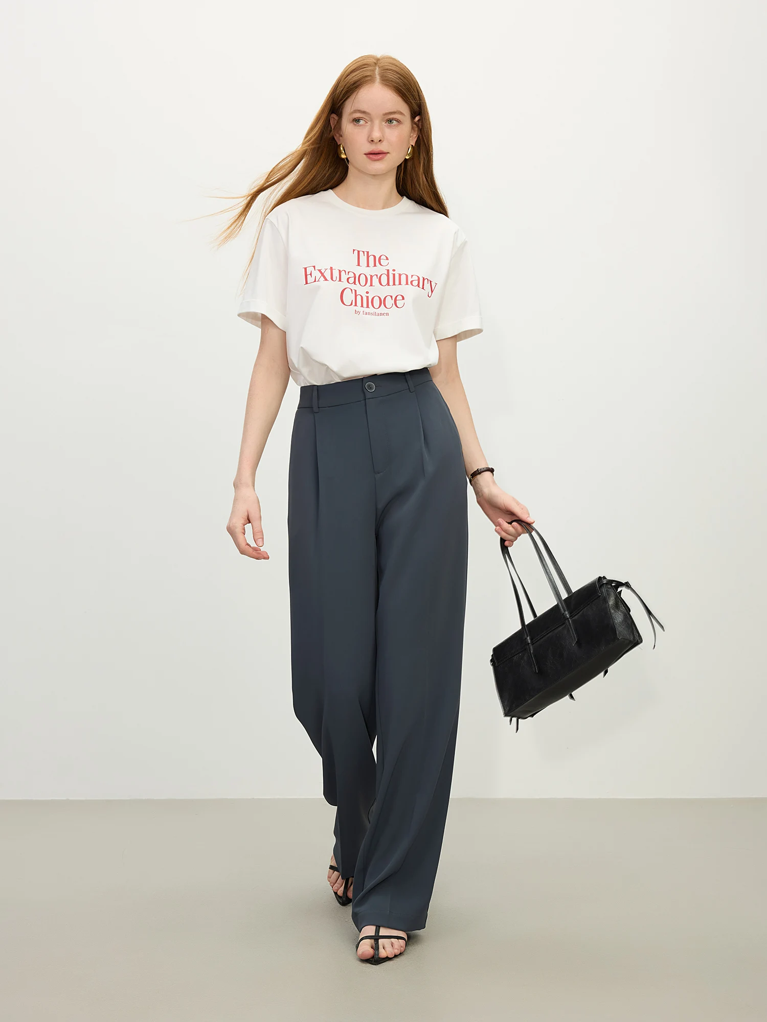 FSLE【2 Length】Women Black Commuter Long Trousers High Waist Grey Draped Straight Female Cropped Pants 25FS11163+25FS11248