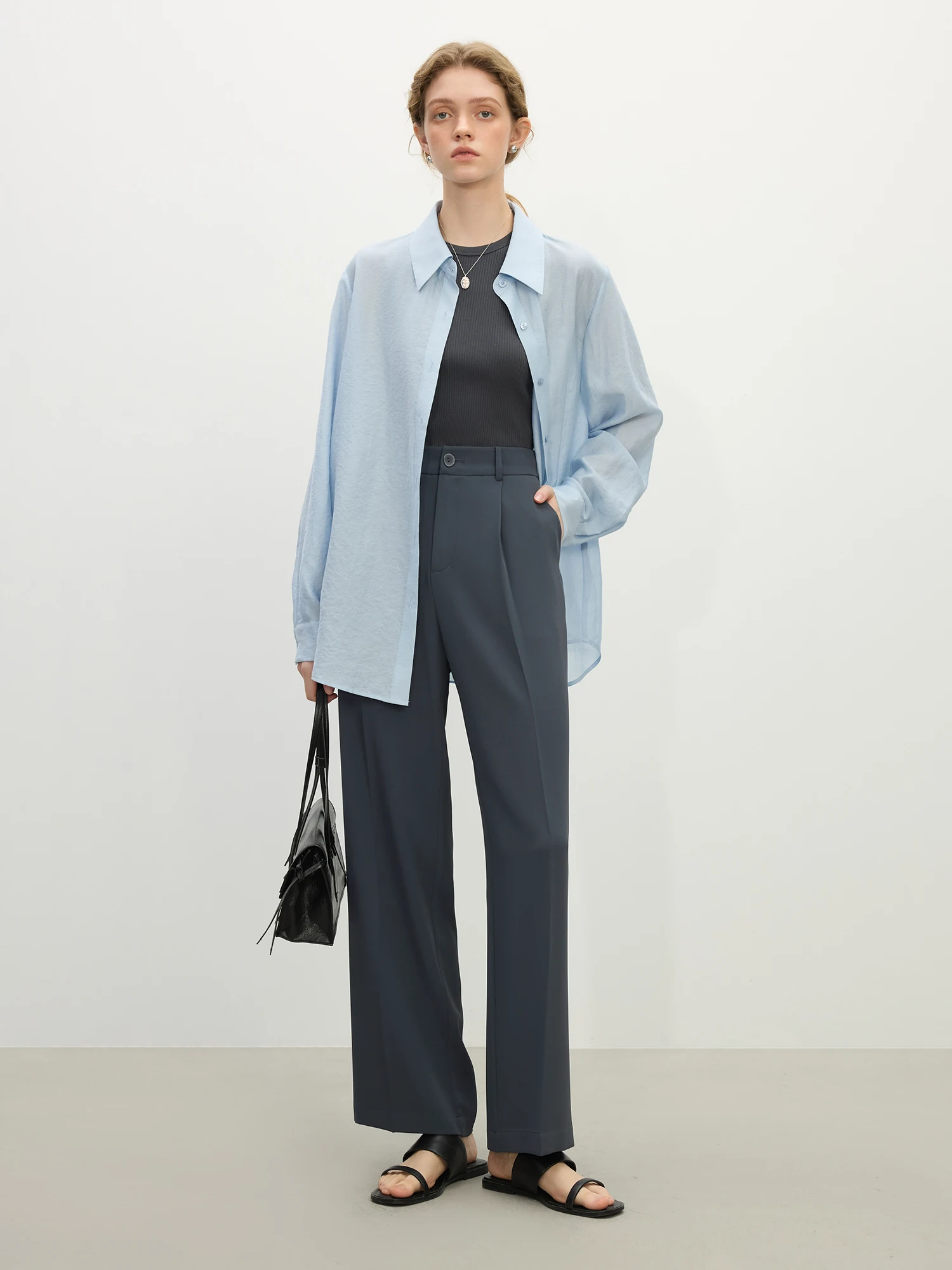 FSLE【2 Length】Women Black Commuter Long Trousers High Waist Grey Draped Straight Female Cropped Pants 25FS11163+25FS11248