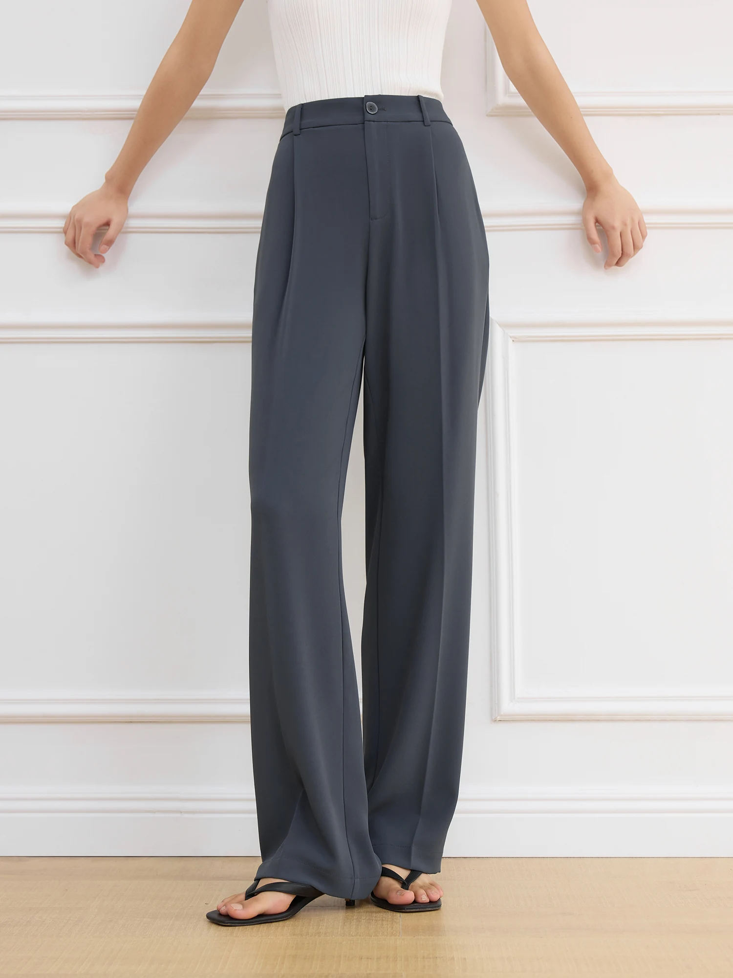 FSLE【2 Length】Women Black Commuter Long Trousers High Waist Grey Draped Straight Female Cropped Pants 25FS11163+25FS11248