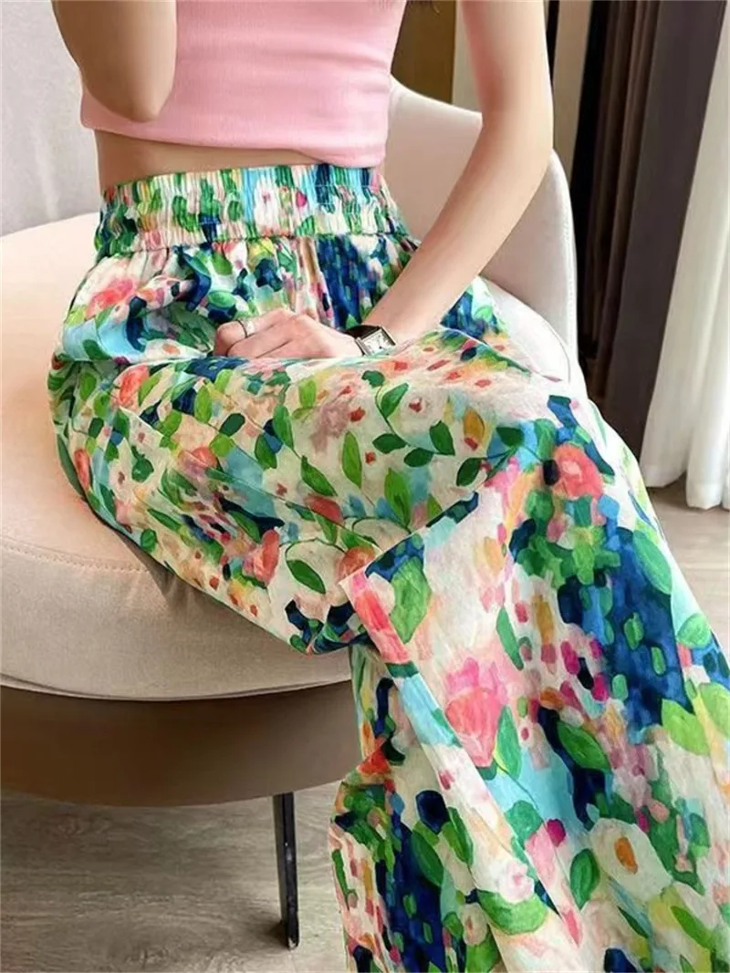 Beach Pants Loose Wide-Leg Pant Female Seaside Leisure INS High Waist Cropped Pant Straight Floral Trousers 2024 Summer New