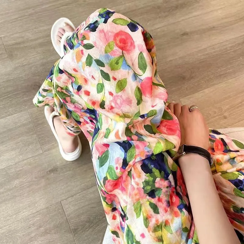 Beach Pants Loose Wide-Leg Pant Female Seaside Leisure INS High Waist Cropped Pant Straight Floral Trousers 2024 Summer New