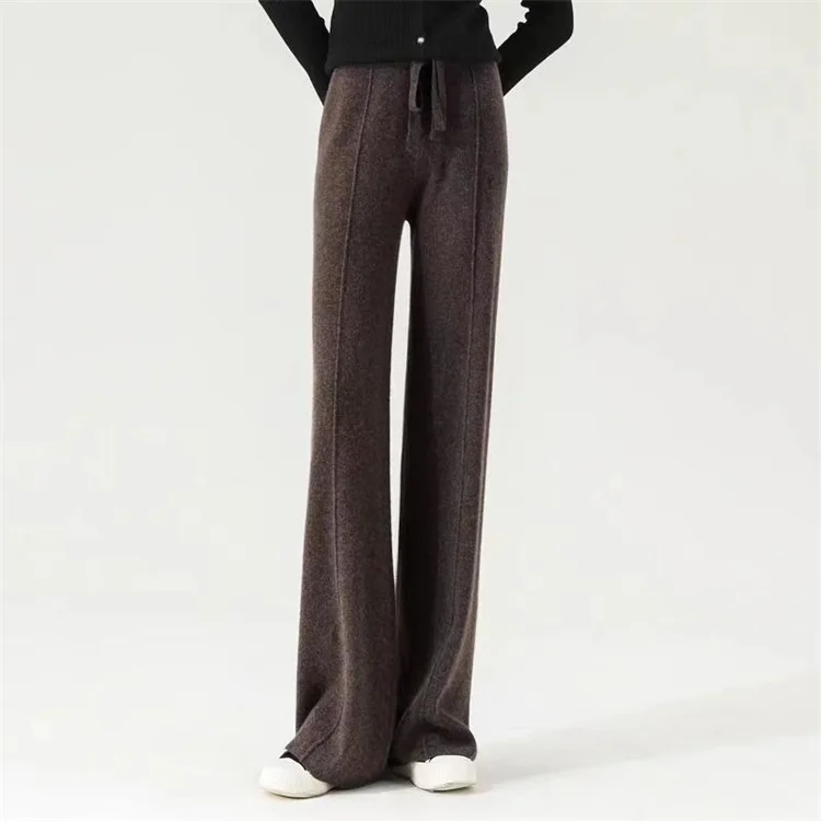 100% Pure Wool Pants Cashmere Wide Leg Trousers Women's Long Britches Knit Loose Daks Casual Pants Autumn Winter High Waist Daks