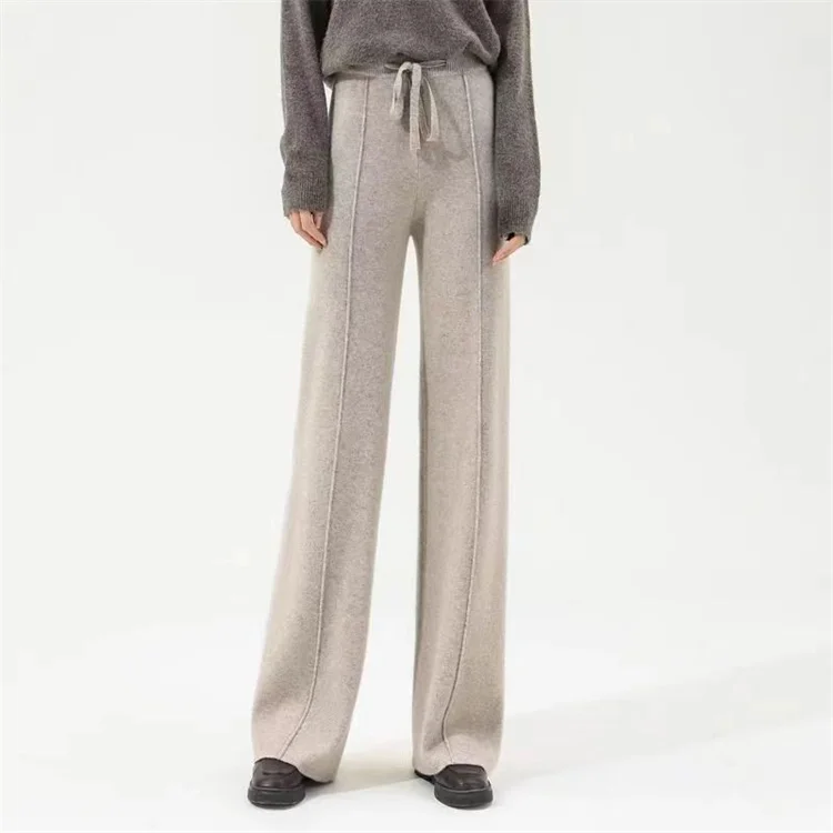 100% Pure Wool Pants Cashmere Wide Leg Trousers Women's Long Britches Knit Loose Daks Casual Pants Autumn Winter High Waist Daks