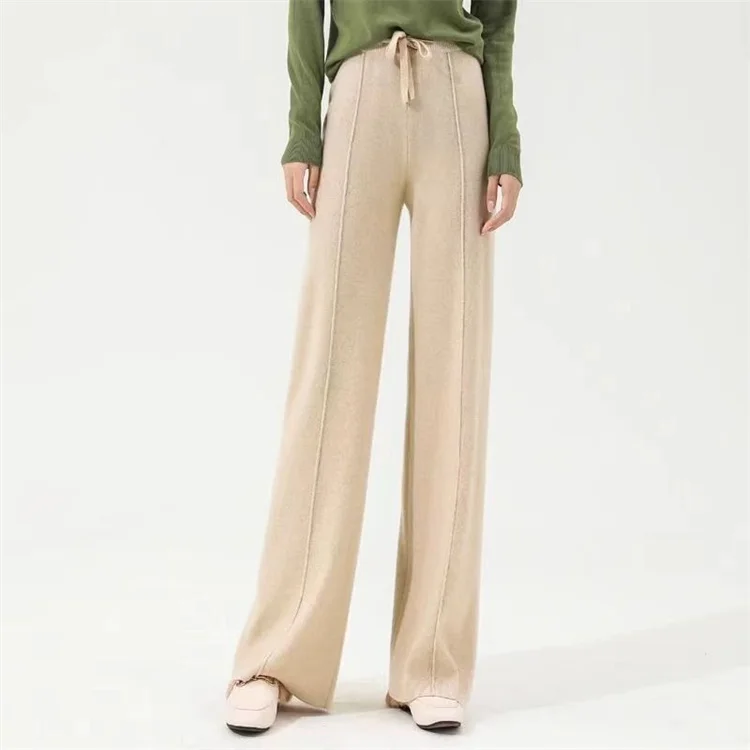 100% Pure Wool Pants Cashmere Wide Leg Trousers Women's Long Britches Knit Loose Daks Casual Pants Autumn Winter High Waist Daks