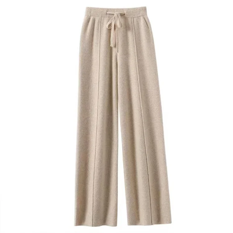 100% Pure Wool Pants Cashmere Wide Leg Trousers Women's Long Britches Knit Loose Daks Casual Pants Autumn Winter High Waist Daks
