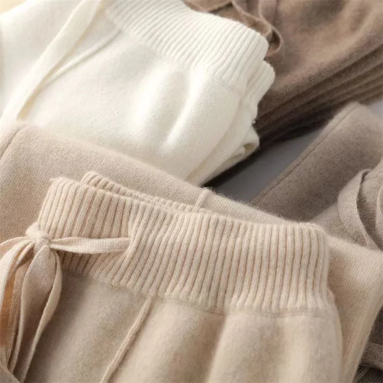 100% Pure Wool Pants Cashmere Wide Leg Trousers Women's Long Britches Knit Loose Daks Casual Pants Autumn Winter High Waist Daks
