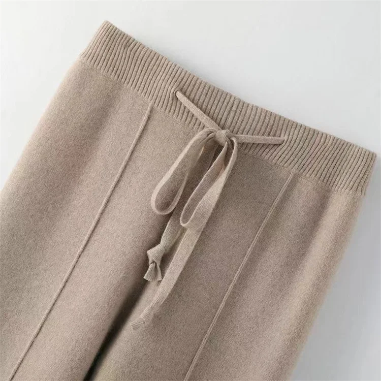 100% Pure Wool Pants Cashmere Wide Leg Trousers Women's Long Britches Knit Loose Daks Casual Pants Autumn Winter High Waist Daks