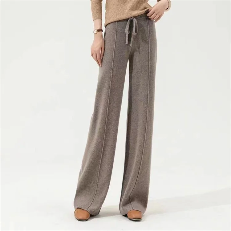 100% Pure Wool Pants Cashmere Wide Leg Trousers Women's Long Britches Knit Loose Daks Casual Pants Autumn Winter High Waist Daks