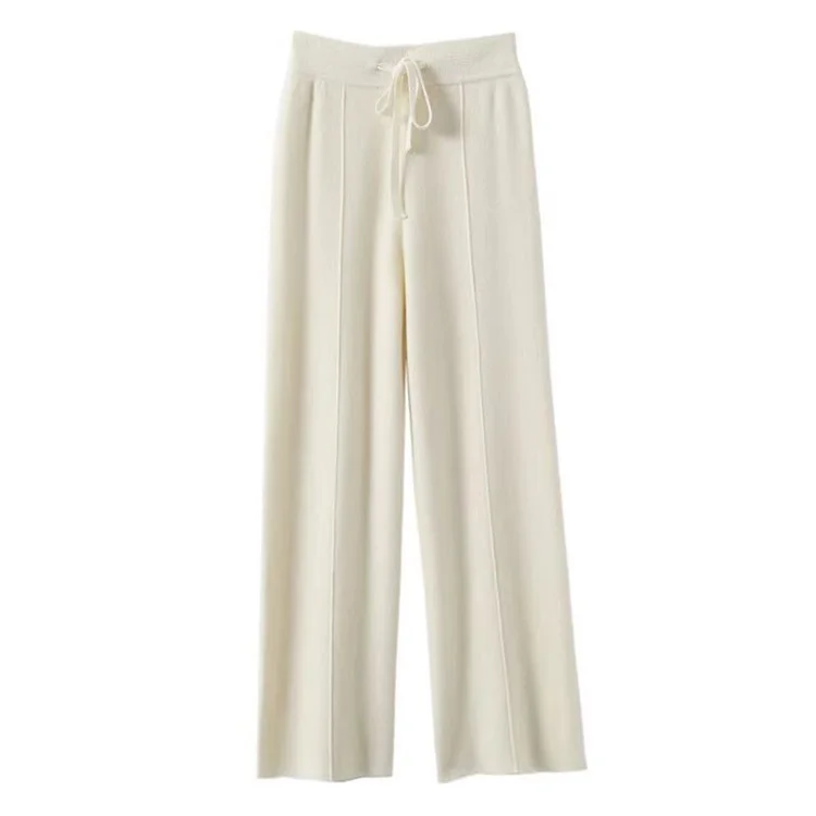 100% Pure Wool Pants Cashmere Wide Leg Trousers Women's Long Britches Knit Loose Daks Casual Pants Autumn Winter High Waist Daks