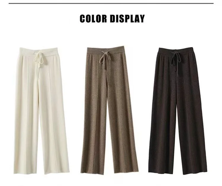 100% Pure Wool Pants Cashmere Wide Leg Trousers Women's Long Britches Knit Loose Daks Casual Pants Autumn Winter High Waist Daks