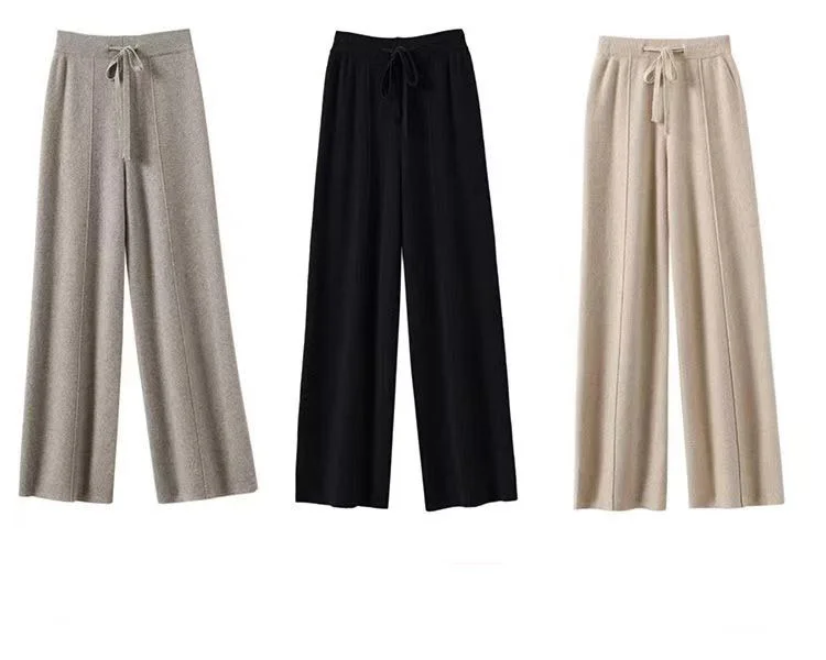 100% Pure Wool Pants Cashmere Wide Leg Trousers Women's Long Britches Knit Loose Daks Casual Pants Autumn Winter High Waist Daks